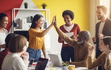 People celebrating online business success. Business Model Selection: Person choosing from online bu