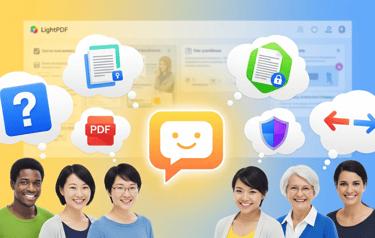 Diverse people with thought bubbles and a glowing chat icon.