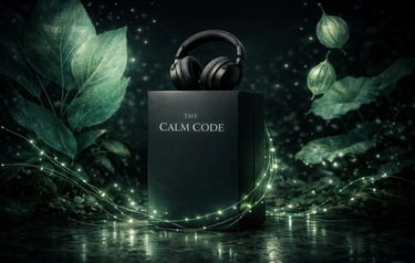 Black noise-canceling headphones resting on a box in a mystical forest with glowing lights.