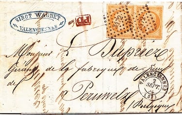 Letter from VALENCIENNES to PERUWELZ franked at 20 c