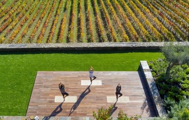 a group of people doing yoga on a wooden deck