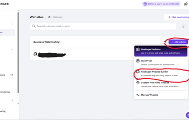 Hostinger dashboard with elements highlighted
