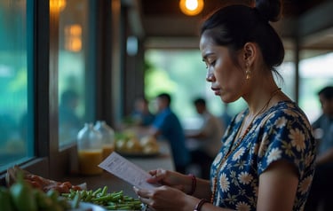a woman in a blue dress is looking at a menu