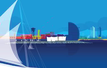 Ilustración del puerto de Barcelona por Tomo Iida