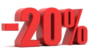 a red twenty percent off sale sign with the words twenty percent off. 20% de descuento