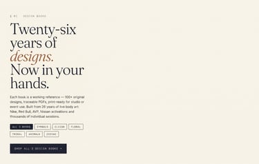 Minimalist design book landing page featuring elegant serif typography and body art tattoo design categories.