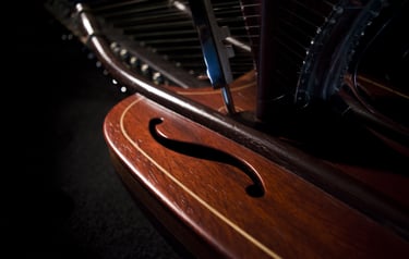Primer plano de la caja de resonancia de la kora cromática de pedal "Jazzy-Kora"