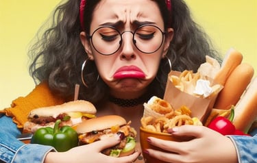 Mulher jovem com expressão triste segurando fast foods como hambúrguer, batata frita e refrigerante,