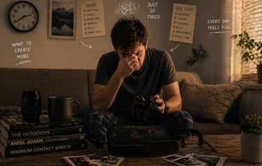 Stressed photographer experiencing burnout and creative block while sitting at a desk with his camera.