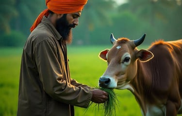 गौमाता की सेवा करता युवा - करुणा का प्रतीक