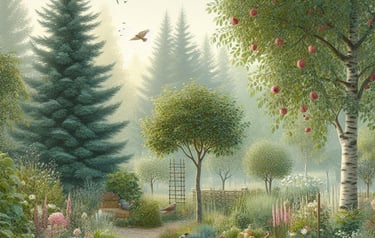 various trees, shrubs and flowers