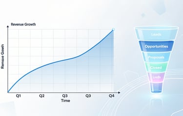 A quarterly revenue growth line chart next to a sales funnel showing leads and opportunities.