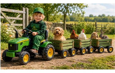 Little boy wearing John Deere overalls driving a toy tractor with a dog, chickens and rabbits in trailers