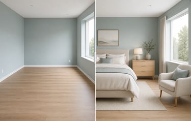 Before and after virtual staging of a modern bedroom with light oak floors and soft sage green walls.