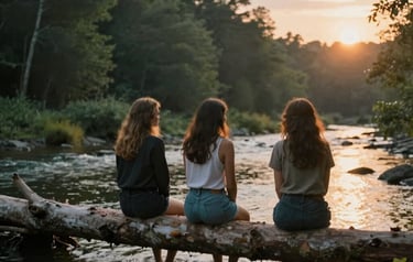 Frauen am Fluss bei Sonnenuntergang
