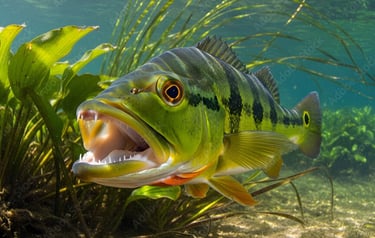 peixetucunaré amarelo com listas pretas grande com a boca aberta no fundo do rio e vegetação.