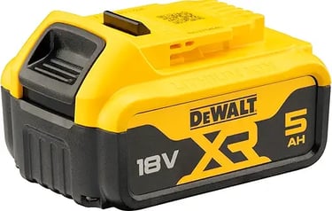 Yellow and black DeWalt 18V XR 5Ah lithium-ion rechargeable battery pack for power tools.