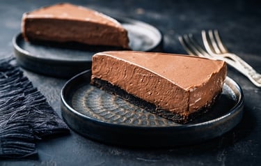 Two slices of rich chocolate mousse cake with a dark cookie crust on black ceramic plates.