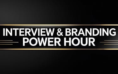 a black and gold sign that says, interview interview interview with the power hour