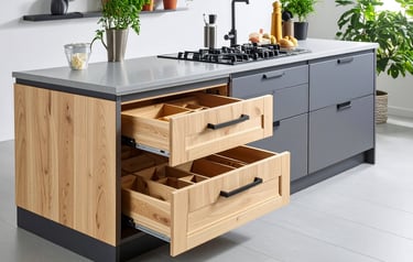 a kitchen with a stove top and drawers
