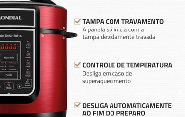 Panela De Pressão Elétrica Digital 3L, Mondial, Vermelho/Inox, 700W, 110V - PE-41
