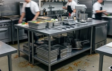 Heavy duty stainless steel bench holding kitchen equipment and supplies.