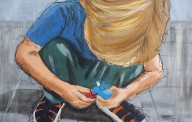 Kind met speelgoed, acryl op doek