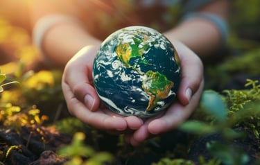 a person holding a globe in their hands green growth below