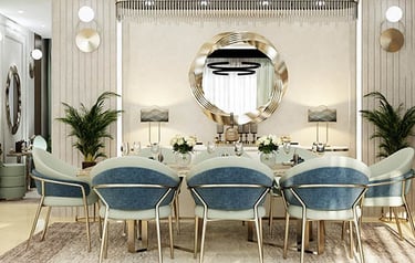 a dining room with a large table and chairs