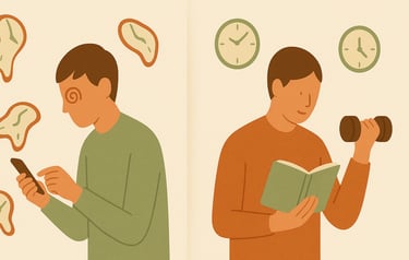 Dos personas, una perdiendo el tiempo delante del smartphone y la otra leyendo mientras se ejercita.