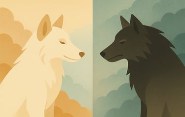 Ilustración de los dos lobos que habitan en nosotros: oscuro y luminoso, símbolos de nuestra emocion