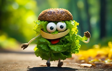 Cute vegetable creature made of fresh green lettuce and bread bun, healthy eating concept for kids.