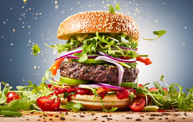 Delicious juicy hamburger with premium beef patty, melted sauce, and fresh vegetables on a wooden ta