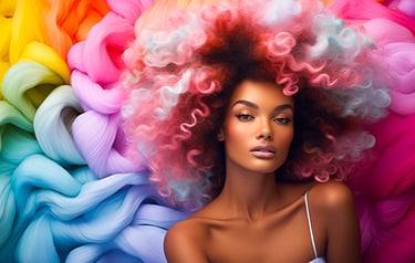 Beautiful Black woman with large, vibrant pink and pastel-colored Afro hair against a rainbow fluid 