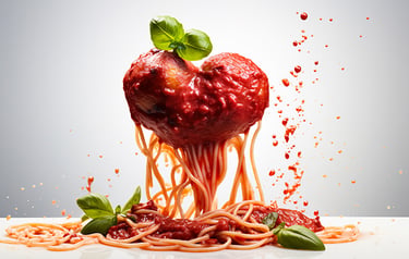 Creative Italian pasta dish presentation with a large heart-shaped meatball and rich marinara sauce.