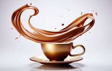 Premium golden teacup with artistic caramel swirl splash, luxury morning drink concept, studio light
