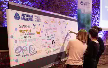 a group of people standing around a white board