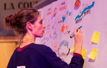 a woman is writing on a white board