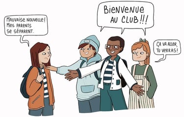 illustration of a group of teenagers talking about their separated parents.