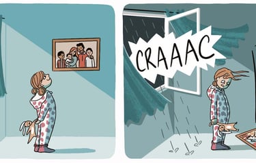 a girl cries when her family portrait falls 