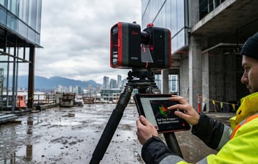Professional using Leica RTC360 scanner on a commercial site in Vancouver to capture high-accuracy p