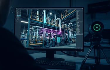 High-density point cloud visualization on a computer screen, showing structural details from a Faro Focus industrial 3D scann