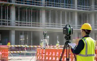 Technician using Faro Focus scanner from a safe distance on a busy Vancouver construction site, illustrating non-invasive 3D 