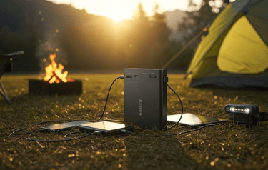 Power block at a campsite, showcasing the evolution of camping gear from basic to tech-savvy