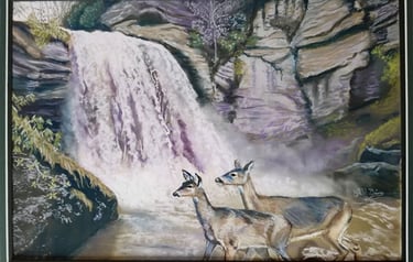Pastel painting of two deer standing before a powerful cascading waterfall and rocky cliffs.