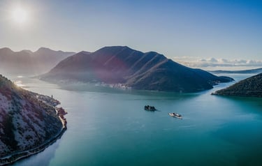 Aerial view of Perast's two islands most picturesque village in Montenegro