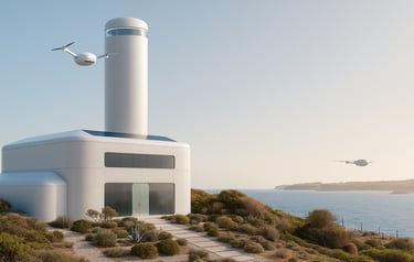 a lighthouse tower with a helicopter flying over it