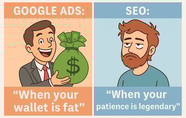 Rich man with money bag for Google Ads vs tired bearded man for SEO