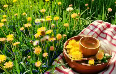 Bright yellow dandelions in full bloom, showcasing a variety of stages from budding to fluffy seeds.