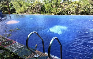 kolam renang minimalis dengan keramik berwarna biru tua.